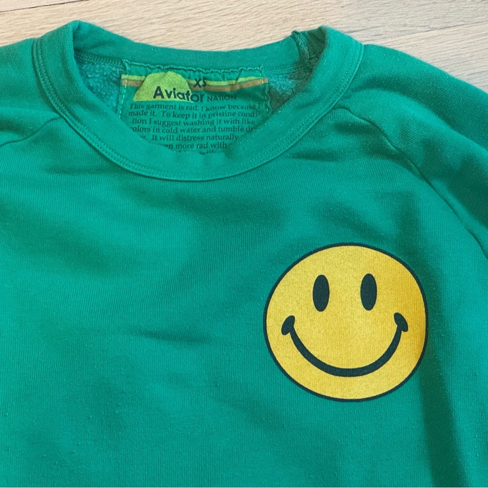 Aviator Nation Green Crewneck with Yellow Smiley - Picture 2 of 5